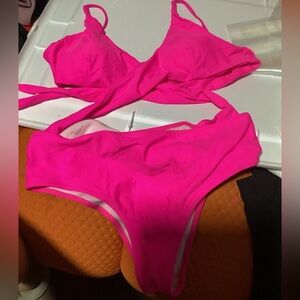 Women Cross Wrap One Piece Set Swimsuits Hot Pink NWOT Size XL